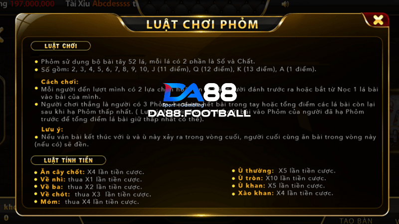 Luật chơi Phỏm tại DA88  cũng tương tự cách chơi truyền thống